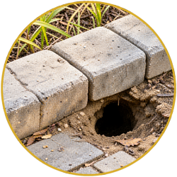 Broken sidewalk pavers with a hole exposing soil beneath, beside a garden border
