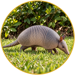 Armadillo walking through green grass near shrubs in daylight