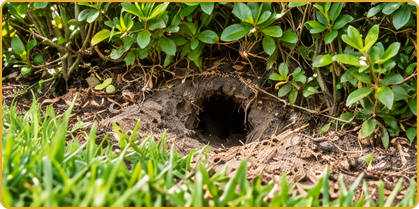 Hole in dirt beneath green shrubs and grass