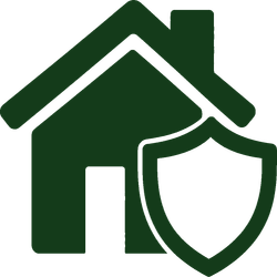 Green house icon with a shield, symbolizing home security or property protection