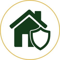 Green house icon with a shield inside a gold circle, symbolizing home security and protection