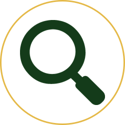 Green magnifying glass icon inside a thin gold circle on a white background