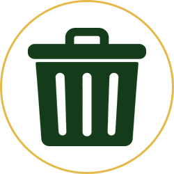 Green trash bin icon inside a gold circle on a white background