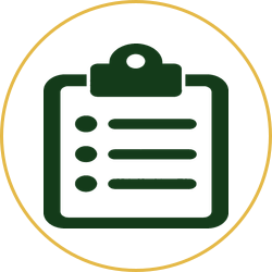 Green clipboard checklist icon inside a gold circle