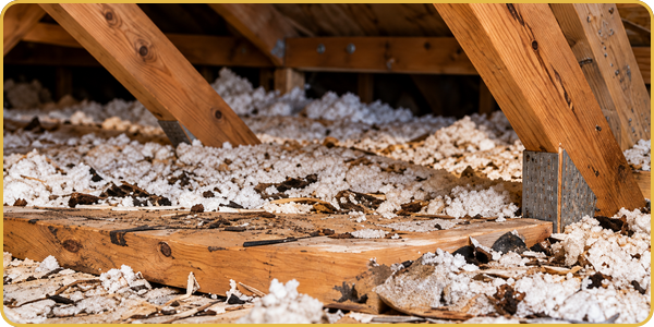Attic rafters with white insulation or snow-like debris scattered across the floorboard