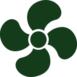 Dark green four-petal pinwheel or flower-like logo with a central circle on a white background