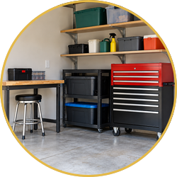 Garage/workshop corner with shelves, rolling tool chest, workbench, stool, and storage bins