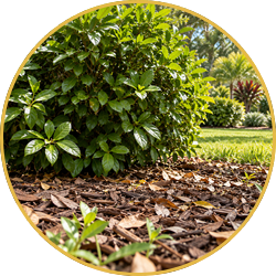 A lush green shrub in a landscaped garden bed with brown mulch and sunlit grass behind it