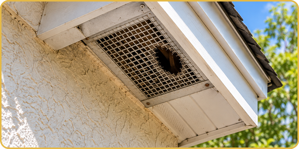 Close-up of a house eave vent with a black hole, under a light-colored roof against blue sky
