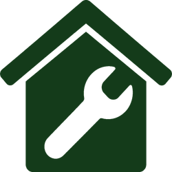 Green house icon with a white wrench inside, suggesting home repair or maintenance