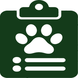 Green clipboard icon with a white paw print and list lines