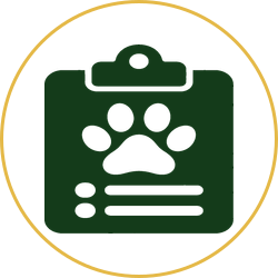 Green clipboard icon with white paw print and lines inside a gold circle