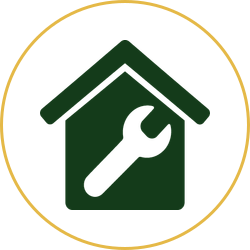 Green house with a white wrench icon inside a gold circle, suggesting home repair or maintenance