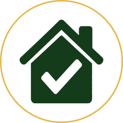 Green house icon with a white checkmark inside a gold circle