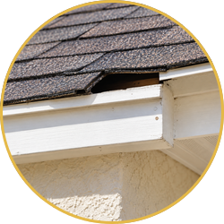 Damaged roof eave with hole under gray shingles and white gutter trim