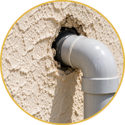 Gray drain pipe protruding from a hole in a textured beige stucco wall