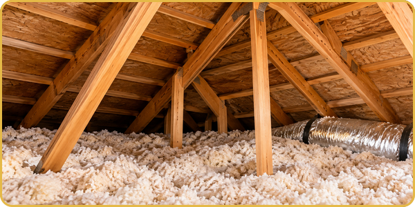 Attic with exposed wooden beams, insulation, and a silver ventilation duct