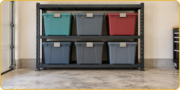 Black storage shelf with six colored bins in a room with tiled floor
