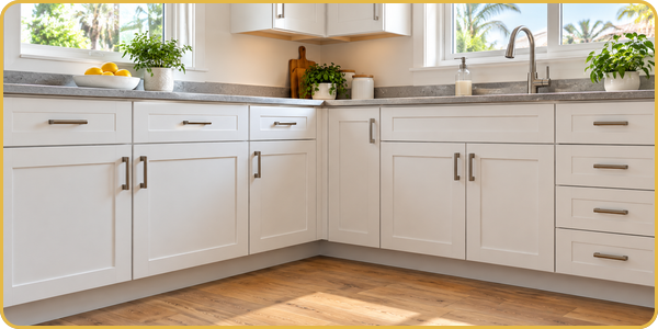 Bright kitchen with white cabinets, stainless sink, and wood floor by a window