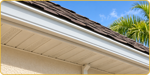 Close-up of a house roof eave with white soffit, tan siding, and blue sky with palm fronds.