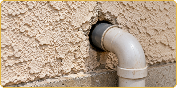 White PVC drain pipe exiting a stucco wall near the ground