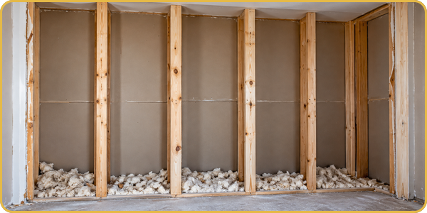 Unfinished wall framing with vertical wooden studs and insulation debris at the base