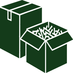 Green open box with packing paper next to a closed box