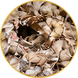 Close-up of dried brown leaves and bark chips piled in a circular frame
