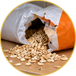Spilled oats pouring from a torn white and orange bag onto a wooden surface