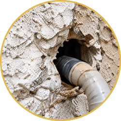 Broken stucco wall with a black and white drain pipe protruding through a hole