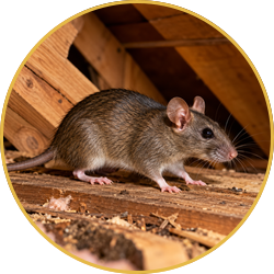 Brown rat on wooden attic floor near exposed beams