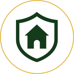 Green shield with a white house icon, outlined by a thin gold circle on a white background
