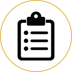Black clipboard icon inside a gold circle on a white background