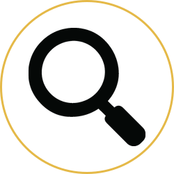 Black magnifying glass icon inside a thin gold circle on a white background