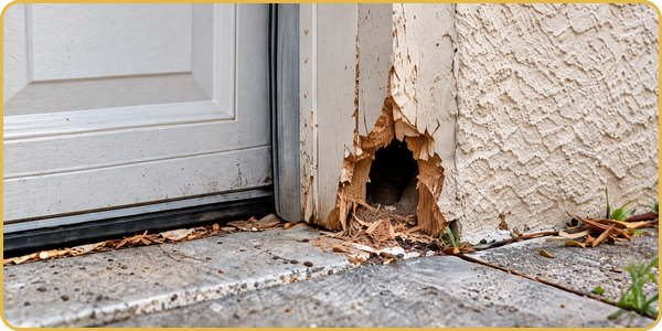 Damaged exterior wall beside a door, with a hole and peeling stucco near the ground