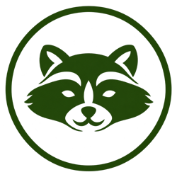 Green raccoon face logo inside a green circle on a white background
