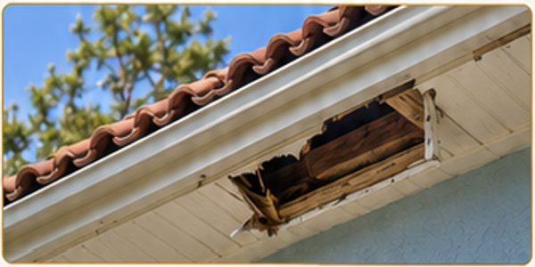 Damaged white soffit under a tiled roof with a hole exposing wooden rafters and blue sky above