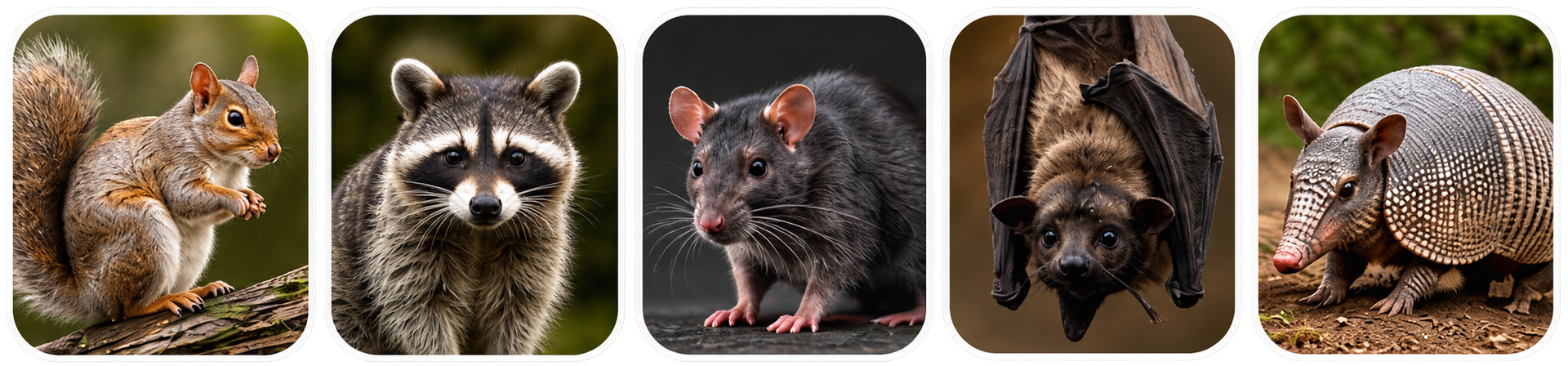 Five small wildlife portraits: squirrel, raccoon, rat, bat, and hedgehog