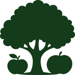 Green tree with two apples, one on each side, in a simple silhouette style