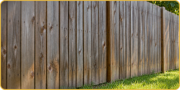Wooden privacy fence with gray weathered boards, slanting over a grassy yard
