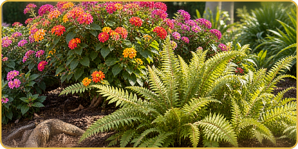 Colorful flowering shrubs and lush green ferns in a garden bed