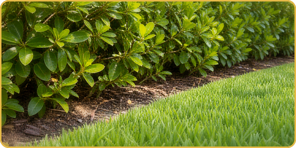 Green shrubs bordering a neatly trimmed grassy lawn in a landscaped garden