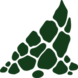 Dark green abstract paw print made of irregular spots on a white background