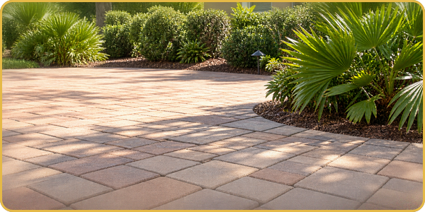 Sunlit tiled patio bordered by lush green shrubs and palm plants