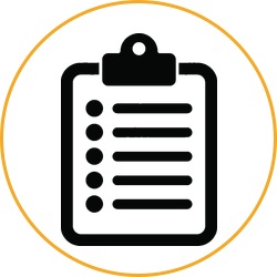 Black clipboard icon inside an orange circle on a white background