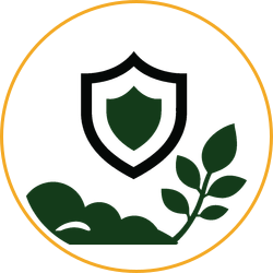 Green shield with leaf sprout inside an orange circle, symbolizing eco-friendly protection