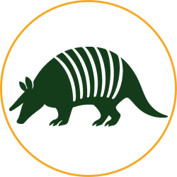 Green armadillo logo inside a thin orange circle on a white background