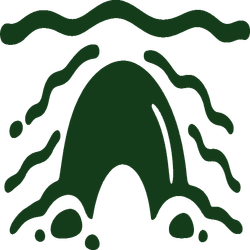 Green stylized mountain with wavy lines and small rocks, like a simple logo