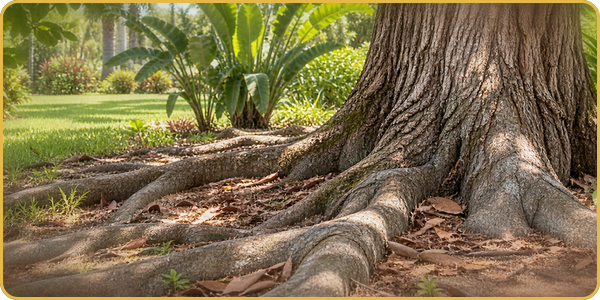 Large tree trunk with sprawling roots in a sunny park with green grass and palm trees