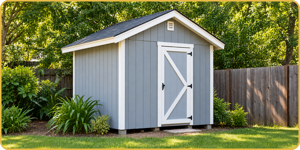 Gray garden shed with white trim and double doors in a backyard, surrounded by greenery and a wooden fence